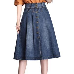 imageFlygo Womens Casual High Waist A Line Flare Button Midi Washed Denim SkirtBlue
