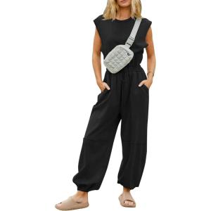 imageFlygo Womens Casual Jumpsuit Crewneck Cap Sleeve Long Wide Leg Pants One Piece Outfits Drawstring Romper with PocketsBlack