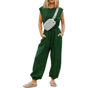 imageFlygo Womens Casual Jumpsuit Crewneck Cap Sleeve Long Wide Leg Pants One Piece Outfits Drawstring Romper with PocketsDarkgreen