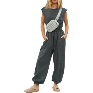imageFlygo Womens Casual Jumpsuit Crewneck Cap Sleeve Long Wide Leg Pants One Piece Outfits Drawstring Romper with PocketsDarkgrey