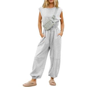 imageFlygo Womens Casual Jumpsuit Crewneck Cap Sleeve Long Wide Leg Pants One Piece Outfits Drawstring Romper with PocketsLightgrey