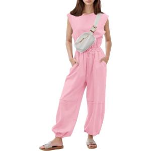 imageFlygo Womens Casual Jumpsuit Crewneck Cap Sleeve Long Wide Leg Pants One Piece Outfits Drawstring Romper with PocketsLightpink