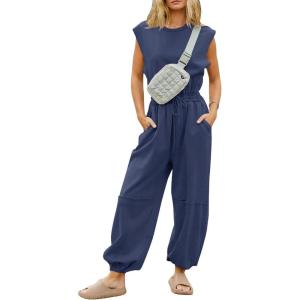 imageFlygo Womens Casual Jumpsuit Crewneck Cap Sleeve Long Wide Leg Pants One Piece Outfits Drawstring Romper with PocketsNavyblue