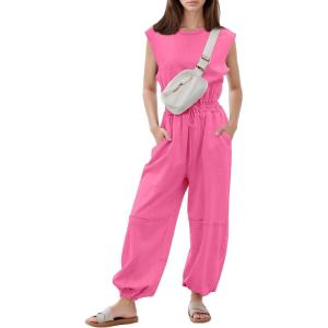 imageFlygo Womens Casual Jumpsuit Crewneck Cap Sleeve Long Wide Leg Pants One Piece Outfits Drawstring Romper with PocketsPink