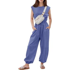 imageFlygo Womens Casual Jumpsuit Crewneck Cap Sleeve Long Wide Leg Pants One Piece Outfits Drawstring Romper with PocketsPurple
