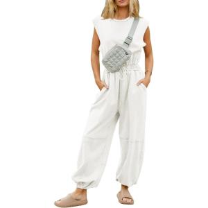 imageFlygo Womens Casual Jumpsuit Crewneck Cap Sleeve Long Wide Leg Pants One Piece Outfits Drawstring Romper with PocketsWhite