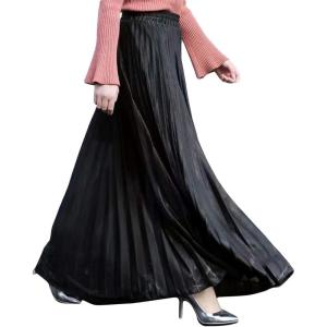 imageFlygo Womens Casual Metallic Shiny Shimmer Pleated Swing Maxi Long SkirtBlack