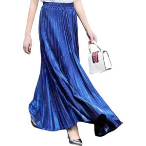 imageFlygo Womens Casual Metallic Shiny Shimmer Pleated Swing Maxi Long SkirtBlue