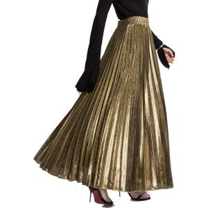 imageFlygo Womens Casual Metallic Shiny Shimmer Pleated Swing Maxi Long SkirtGold
