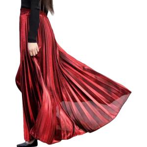 imageFlygo Womens Casual Metallic Shiny Shimmer Pleated Swing Maxi Long SkirtRed