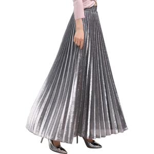 imageFlygo Womens Casual Metallic Shiny Shimmer Pleated Swing Maxi Long SkirtSilver