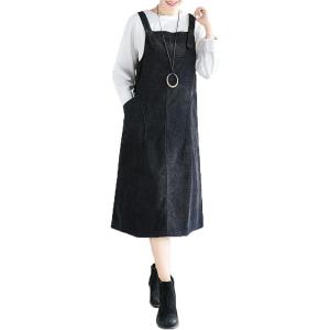 imageFlygo Womens Casual Mid Length Long Corduroy Jumpers Button Down Swing Overall Pinafore Dress SkirtBlack