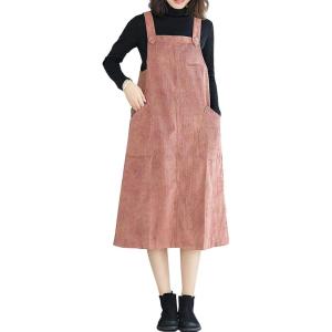 imageFlygo Womens Casual Mid Length Long Corduroy Jumpers Button Down Swing Overall Pinafore Dress SkirtPink