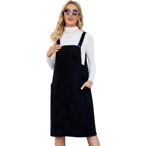 imageFlygo Womens Corduroy Jumper Overall Pinafore Midi Dress Skirt with PocketsBlack