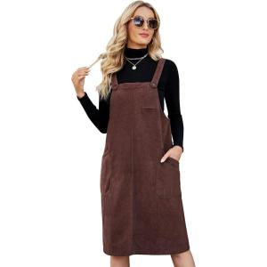imageFlygo Womens Corduroy Jumper Overall Pinafore Midi Dress Skirt with PocketsBrown
