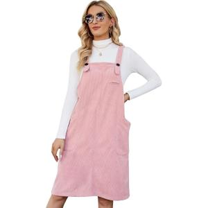 imageFlygo Womens Corduroy Jumper Overall Pinafore Midi Dress Skirt with PocketsPink