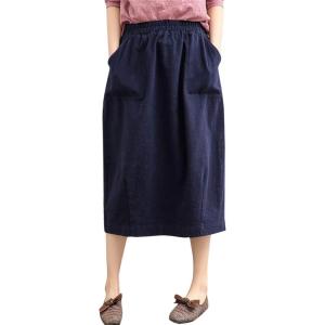 imageFlygo Womens Elastic High Waist Cotton Linen Distressed Vintage Midi SkirtNavy Blue