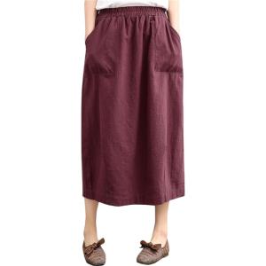 imageFlygo Womens Elastic High Waist Cotton Linen Distressed Vintage Midi SkirtWine Red