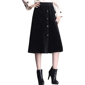 imageFlygo Womens Elastic Waist Button Front ALine Corduroy Midi Skirt with PocketsBlack