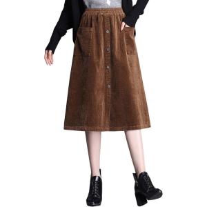 imageFlygo Womens Elastic Waist Button Front ALine Corduroy Midi Skirt with PocketsKhaki
