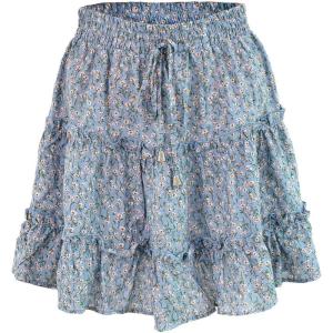 imageFlygo Womens High Waist Boho ALine Ruffle Frill Pleated Flare Short SkirtBlue