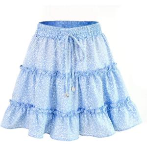 imageFlygo Womens High Waist Boho ALine Ruffle Frill Pleated Flare Short SkirtBlue Polka