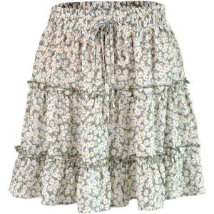 imageFlygo Womens High Waist Boho ALine Ruffle Frill Pleated Flare Short SkirtGreen
