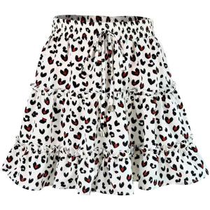 imageFlygo Womens High Waist Boho ALine Ruffle Frill Pleated Flare Short SkirtLeopard