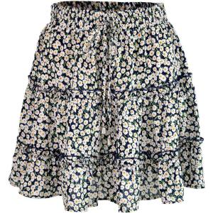 imageFlygo Womens High Waist Boho ALine Ruffle Frill Pleated Flare Short SkirtNavy