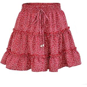 imageFlygo Womens High Waist Boho ALine Ruffle Frill Pleated Flare Short SkirtRed Polka