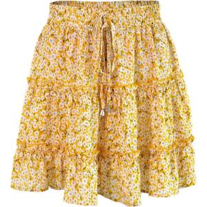 imageFlygo Womens High Waist Boho ALine Ruffle Frill Pleated Flare Short SkirtYellow