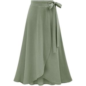 imageFlygo Womens High Waist Knitted Ruffle Irregular Hem Midi Skirt Frill Wrap Skirts DressArmy Green