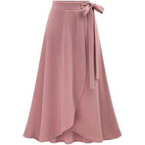 imageFlygo Womens High Waist Knitted Ruffle Irregular Hem Midi Skirt Frill Wrap Skirts DressPink