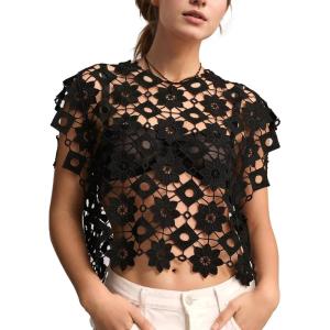 imageFlygo Womens Hollow Out Floral Lace Vest Cropped Embroideried Summer Crochet Coverup 2025 Trendy Blouse TopsBlack