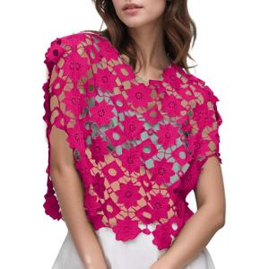 imageFlygo Womens Hollow Out Floral Lace Vest Cropped Embroideried Summer Crochet Coverup 2025 Trendy Blouse TopsRose Red