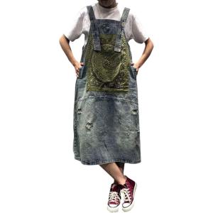 imageFlygo Womens Loose Baggy Midi Length Denim Jeans Jumpers Overall Pinafore Dress SkirtGreen