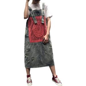 imageFlygo Womens Loose Baggy Midi Length Denim Jeans Jumpers Overall Pinafore Dress SkirtRed