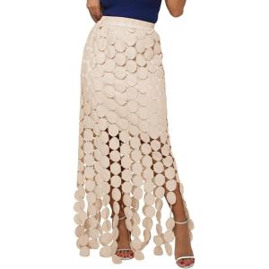 imageFlygo Womens Maxi Skirt 2025 Summer Boho Hollow Out Fringe Hem High Waisted Lace Long Skirts for Party Wedding BeachApricot