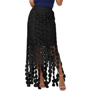 imageFlygo Womens Maxi Skirt 2025 Summer Boho Hollow Out Fringe Hem High Waisted Lace Long Skirts for Party Wedding BeachBlack