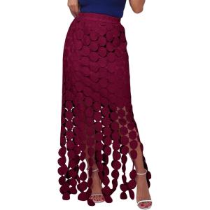 imageFlygo Womens Maxi Skirt 2025 Summer Boho Hollow Out Fringe Hem High Waisted Lace Long Skirts for Party Wedding BeachBurgundy