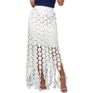 imageFlygo Womens Maxi Skirt 2025 Summer Boho Hollow Out Fringe Hem High Waisted Lace Long Skirts for Party Wedding BeachWhite