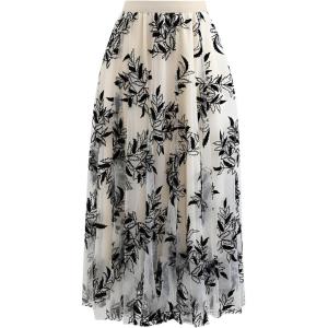 imageFlygo Womens Midi Long Tulle Skirts Dressy Casual Elegant ALine Elastic Waist Foliage Embroidery Mesh SkirtApricot