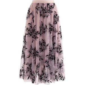 imageFlygo Womens Midi Long Tulle Skirts Dressy Casual Elegant ALine Elastic Waist Foliage Embroidery Mesh SkirtPink