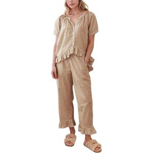 imageFlygo Womens Plaid 2 Piece Pajamas Sets Gingham Button Down Puff Sleeve Babydoll Shirt Ruffle Pants Y2K Pjs Lounge SetBrown