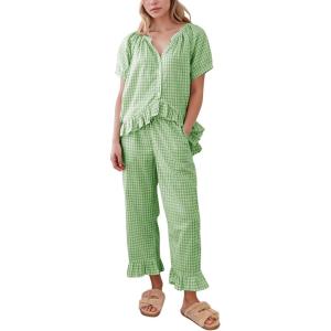 imageFlygo Womens Plaid 2 Piece Pajamas Sets Gingham Button Down Puff Sleeve Babydoll Shirt Ruffle Pants Y2K Pjs Lounge SetLightgreen