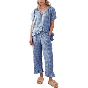 imageFlygo Womens Plaid 2 Piece Pajamas Sets Gingham Button Down Puff Sleeve Babydoll Shirt Ruffle Pants Y2K Pjs Lounge SetNavy