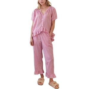 imageFlygo Womens Plaid 2 Piece Pajamas Sets Gingham Button Down Puff Sleeve Babydoll Shirt Ruffle Pants Y2K Pjs Lounge SetPink
