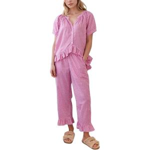 imageFlygo Womens Plaid 2 Piece Pajamas Sets Gingham Button Down Puff Sleeve Babydoll Shirt Ruffle Pants Y2K Pjs Lounge SetRose