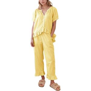 imageFlygo Womens Plaid 2 Piece Pajamas Sets Gingham Button Down Puff Sleeve Babydoll Shirt Ruffle Pants Y2K Pjs Lounge SetYellow