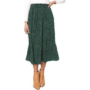 imageFlygo Womens Polka Dot Mid Length Pleated Skirt High Waisted Swing Skirts with PocketsGreen